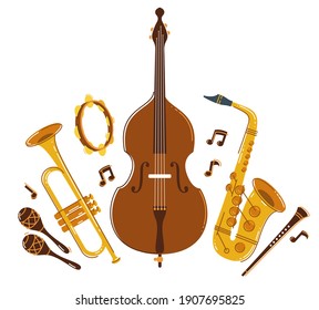 Jazz music band concept different instruments vector flat illustration isolated on white background, live sound festival or concert, musician different instruments set.