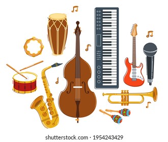 Jazz music band concept different instruments vector flat illustration isolated on white background, live sound festival or concert, musician different instruments set.