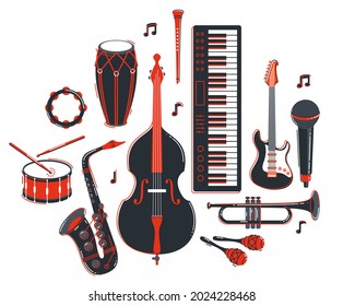 Jazz music band concept different instruments vector flat illustration isolated on white background, live sound festival or concert, musician different instruments set.