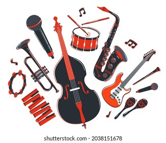 Jazz music band concept different instruments vector flat illustration isolated on white background, live sound festival or concert, musician different instruments set.