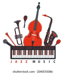 Jazz music band concept different instruments vector flat illustration isolated on white background, live sound festival or concert, musician different instruments set.