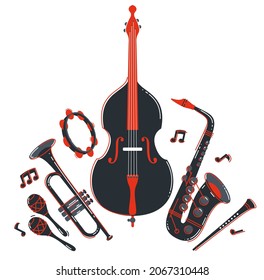 Jazz music band concept different instruments vector flat illustration isolated on white background, live sound festival or concert, musician different instruments set.