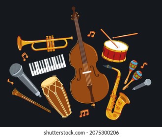 Jazz music band concept different instruments vector flat illustration on dark background, live sound festival or concert, musician different instruments set.