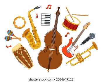 Jazz music band concept different instruments vector flat illustration isolated on white background, live sound festival or concert, musician different instruments set.
