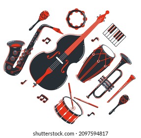 Jazz music band concept different instruments vector flat illustration isolated on white background, live sound festival or concert, musician different instruments set.