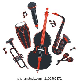 Jazz music band concept different instruments vector flat illustration isolated on white background, live sound festival or concert, musician different instruments set.