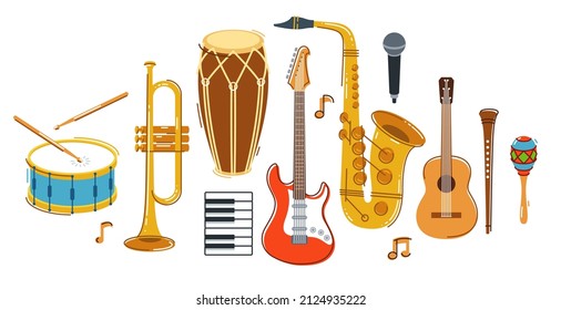 Jazz music band concept different instruments vector flat illustration isolated on white background, live sound festival or concert, musician different instruments set.