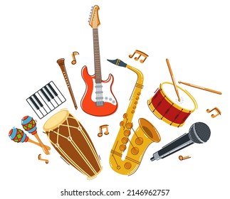 Jazz music band concept different instruments vector flat illustration isolated on white background, live sound festival or concert, musician different instruments set.