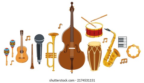 El concepto de banda de música Jazz se basa en diferentes instrumentos vectorial ilustración plana aislada de fondo blanco, festival de sonido en vivo o concierto, músico de diferentes instrumentos.