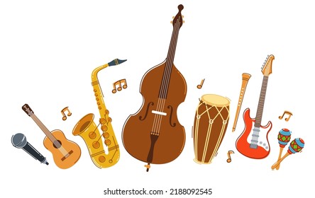 Jazz music band concept different instruments vector flat illustration isolated on white background, live sound festival or concert, musician different instruments set.