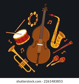 Jazz music band concept different instruments vector flat illustration on dark background, live sound festival or concert, musician different instruments set.