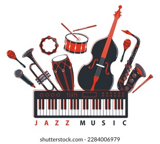 Jazz music band concept different instruments vector flat illustration isolated on white background, live sound festival or concert, musician different instruments set.