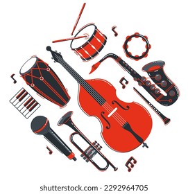 Jazz music band concept different instruments vector flat illustration isolated on white background, live sound festival or concert, musician different instruments set.