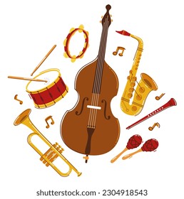 Jazz music band concept different instruments vector flat illustration isolated on white background, live sound festival or concert, musician different instruments set.