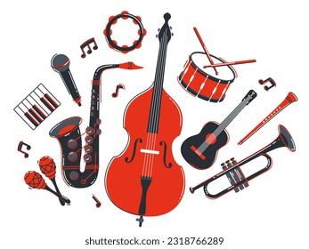 Jazz music band concept different instruments vector flat illustration isolated on white background, live sound festival or concert, musician different instruments set.