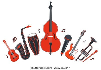 Jazz music band concept different instruments vector flat illustration isolated on white background, live sound festival or concert, musician different instruments set.