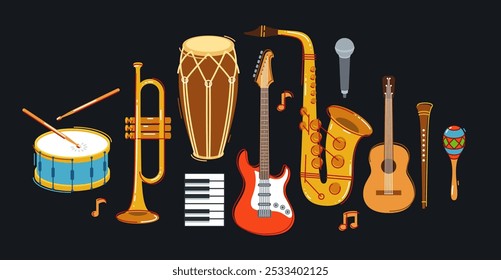 Jazz conceito de banda de música conceito diferentes instrumentos vetor ilustração plana sobre fundo escuro, festival de som ao vivo ou concerto, músico diferentes instrumentos set.