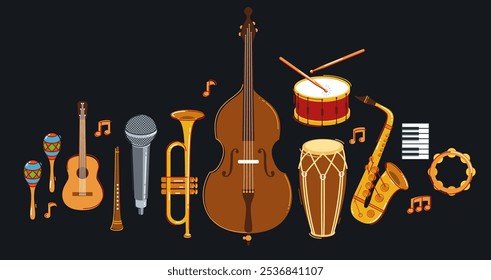 Jazz conceito de banda de música conceito diferentes instrumentos vetor ilustração plana sobre fundo escuro, festival de som ao vivo ou concerto, músico diferentes instrumentos set.