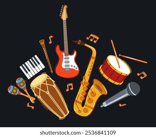 Jazz conceito de banda de música conceito diferentes instrumentos vetor ilustração plana sobre fundo escuro, festival de som ao vivo ou concerto, músico diferentes instrumentos set.