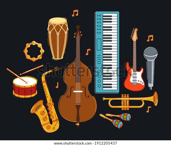 Jazz music band concept\
different instruments vector flat illustration on dark background,\
live sound festival or concert, musician different instruments\
set.
