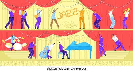 Concierto musical de banda de jazz, músicos con instrumentos musicales y cantante, actuación o festival banners horizontales ilustraciones vectoriales. Rock, clásico, música jazz en grupo, guitarrista, saxofonista.