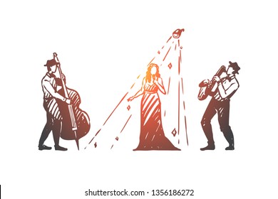 Jazz, music, band, concert, saxophone concept. Hand drawn jazz band performing on scene concept sketch. Isolated vector illustration.