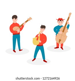 Jazz music band. Country musical festival group. Musicians with banjo, cello and saxophone. Vector isolated illustration.