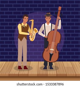 Jazz music band design with saxophonist and musician playing a cello, colorful design. vector illustration