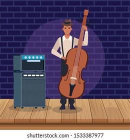 Jazz music band design with sound amplifier and musician playing a cello, colorful design. vector illustration