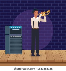 Jazz music band design with trumpeter and sound amplifier, colorful design. vector illustration