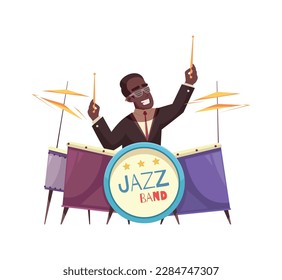 Jazz music band drummer performing on stage cartoon vector illustration