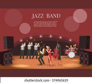 Jazz music band flat vector illustration with musicians on stage,  coming to concert.