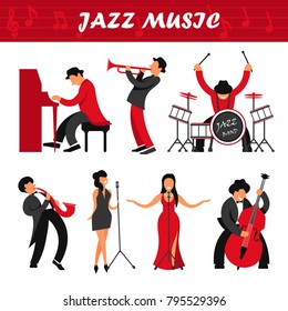 Jazz music band musicians and singers performer people vector icons playing musical instruments