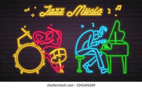 Jazz Music Band Neon Light Glowing Vector Illustration. Jazz Musician Pianist and Drummer Bright Red and Yellow Light