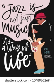 Jazz music band performance, concert or festival advertisement flyer template with musician playing saxophone. Poster with saxophonist. Modern vector illustration in flat style for event promotion.