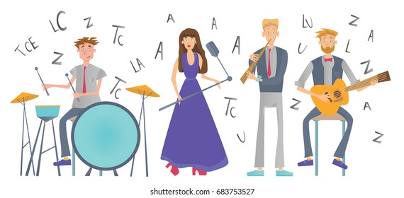 Jazz Music band playing the song. Drummer, singer, guitarist and flutist. Vector illustration, isolated on white background.