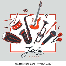 Jazz music band poster different instruments vector flat illustration, live sound festival or concert advertising flyer or banner, play different instruments orchestra.