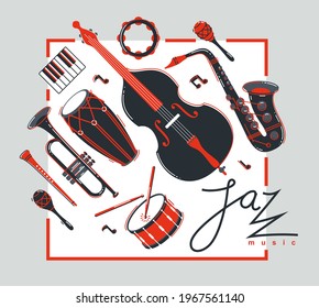 Jazz music band poster different instruments vector flat illustration, live sound festival or concert advertising flyer or banner, play different instruments orchestra.