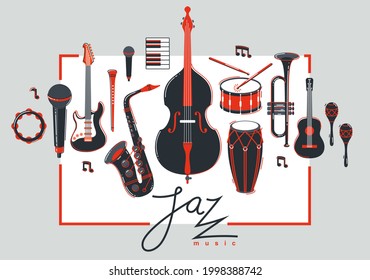 Jazz music band poster different instruments vector flat illustration, live sound festival or concert advertising flyer or banner, play different instruments orchestra.