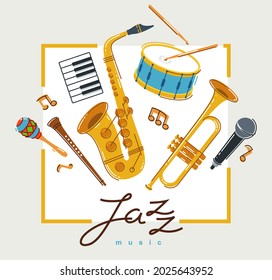 Jazz music band poster different instruments vector flat illustration, live sound festival or concert advertising flyer or banner, play different instruments orchestra.