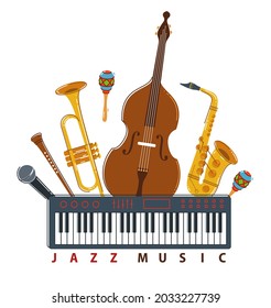 Jazz music band poster different instruments vector flat illustration, live sound festival or concert advertising flyer or banner, play different instruments orchestra.