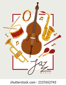 Jazz music band poster different instruments vector flat illustration, live sound festival or concert advertising flyer or banner, play different instruments orchestra.