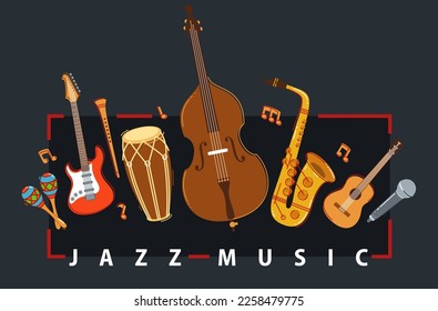 Jazz music band poster different instruments vector flat illustration on white, live sound festival or concert advertising flyer or banner, play different instruments orchestra.