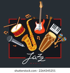 Jazz music band poster different instruments vector flat illustration on dark, live sound festival or concert advertising flyer or banner, play different instruments orchestra.