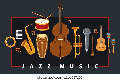 Jazz music band poster different instruments vector flat illustration on white, live sound festival or concert advertising flyer or banner, play different instruments orchestra.