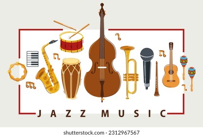 Jazz music band poster different instruments vector flat illustration, live sound festival or concert advertising flyer or banner, play different instruments orchestra.