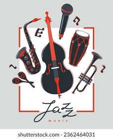 Jazz music band poster different instruments vector flat illustration, live sound festival or concert advertising flyer or banner, play different instruments orchestra.