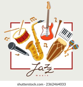 Jazz music band poster different instruments vector flat illustration, live sound festival or concert advertising flyer or banner, play different instruments orchestra.