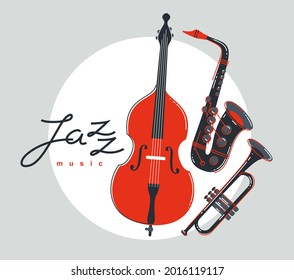 Jazz music band poster vector flat illustration, live sound festival or concert advertising flyer or banner, play different instruments orchestra.