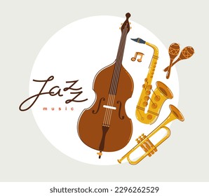 Jazz music band poster vector flat illustration, live sound festival or concert advertising flyer or banner, play different instruments orchestra.